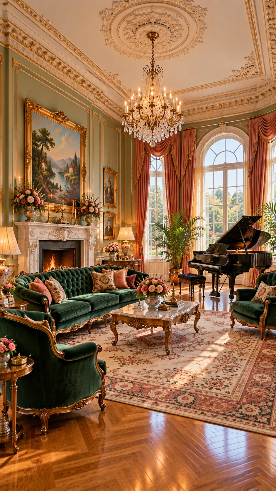Green velvet sofa, white fireplace and grand piano by tall arched windows