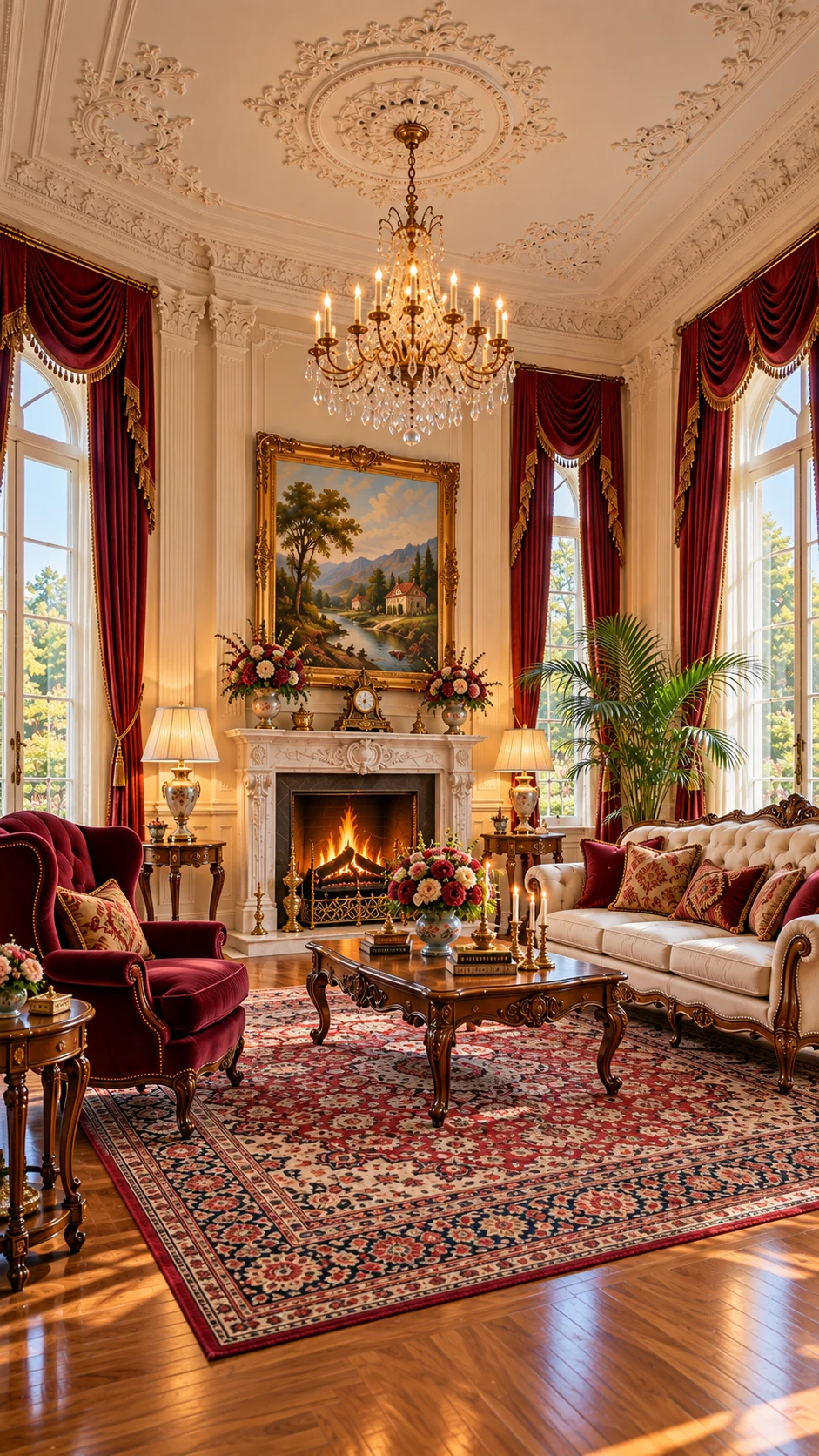 Burgundy drapes frame tall windows beside a cream sofa and fireplace