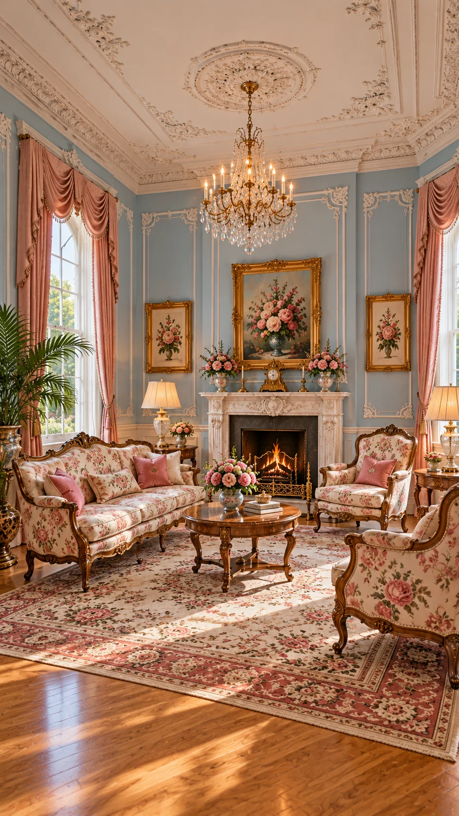 Floral sofa and armchairs in a pale blue room with pink curtains