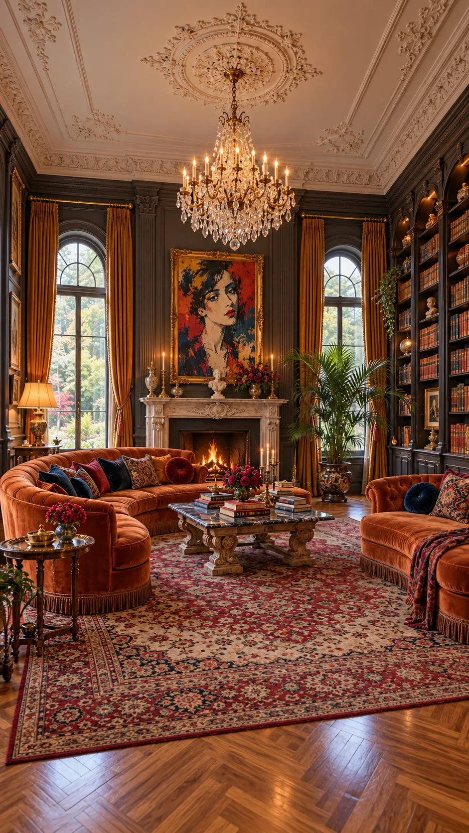 Rust curved velvet sofas, bookshelves and abstract art above a marble fireplace