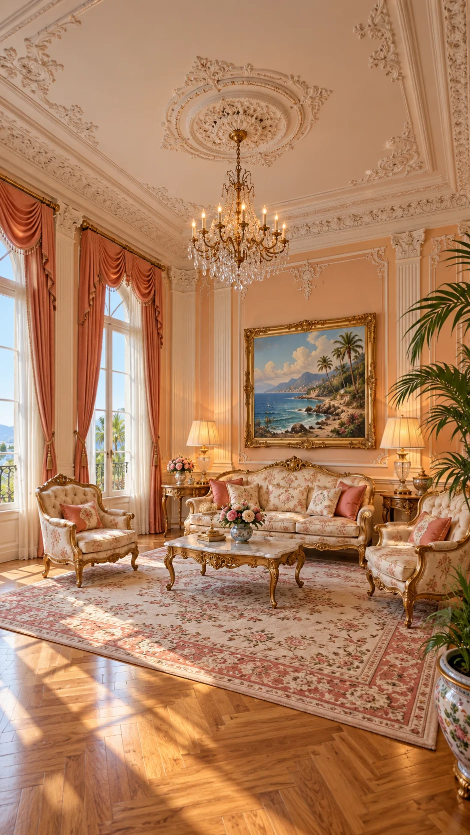 Peach living room with floral sofa and a seascape painting in gold