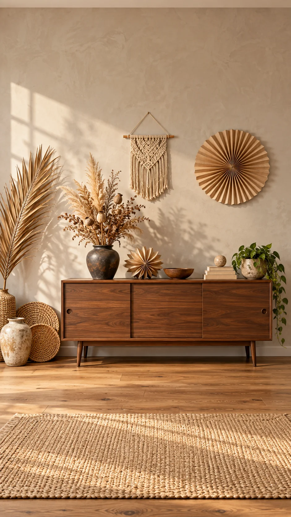 Walnut sideboard with sliding doors beneath dried palm, macramé, and paper fan