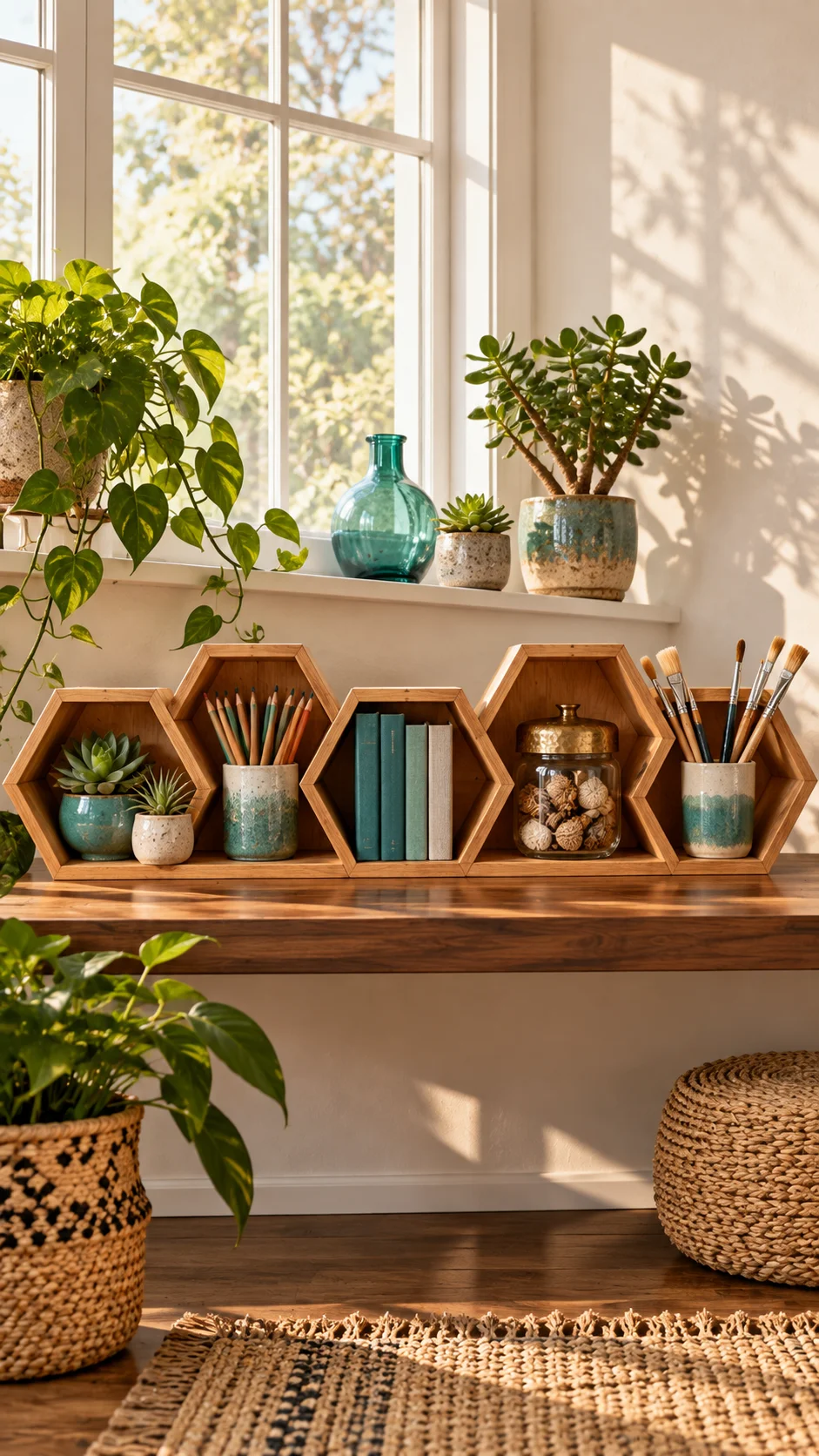 Honey-colored hexagon shelves holding teal pots, books, pencils, and brushes under a window