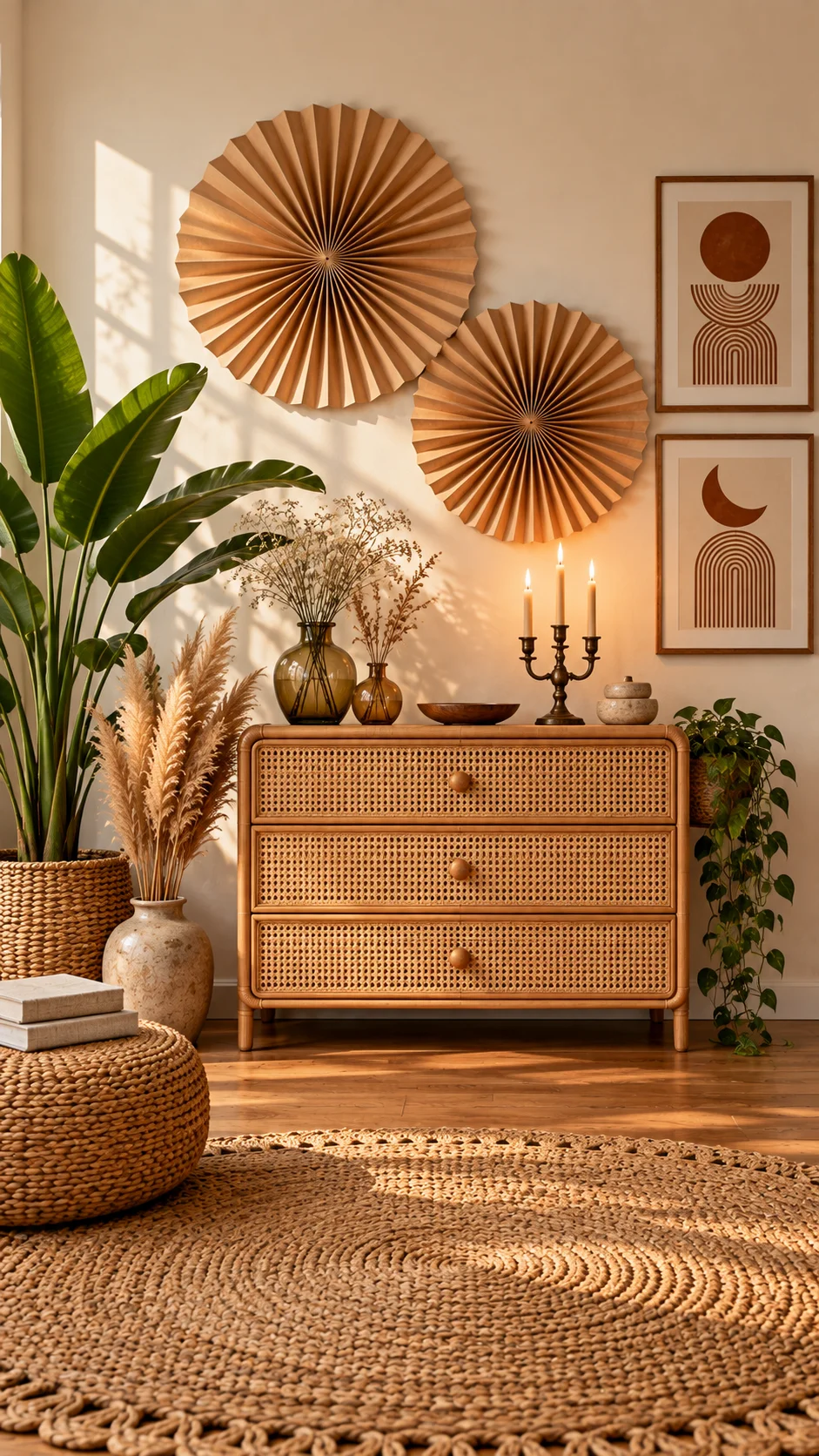 Rattan three-drawer dresser below two paper fans and framed arch prints