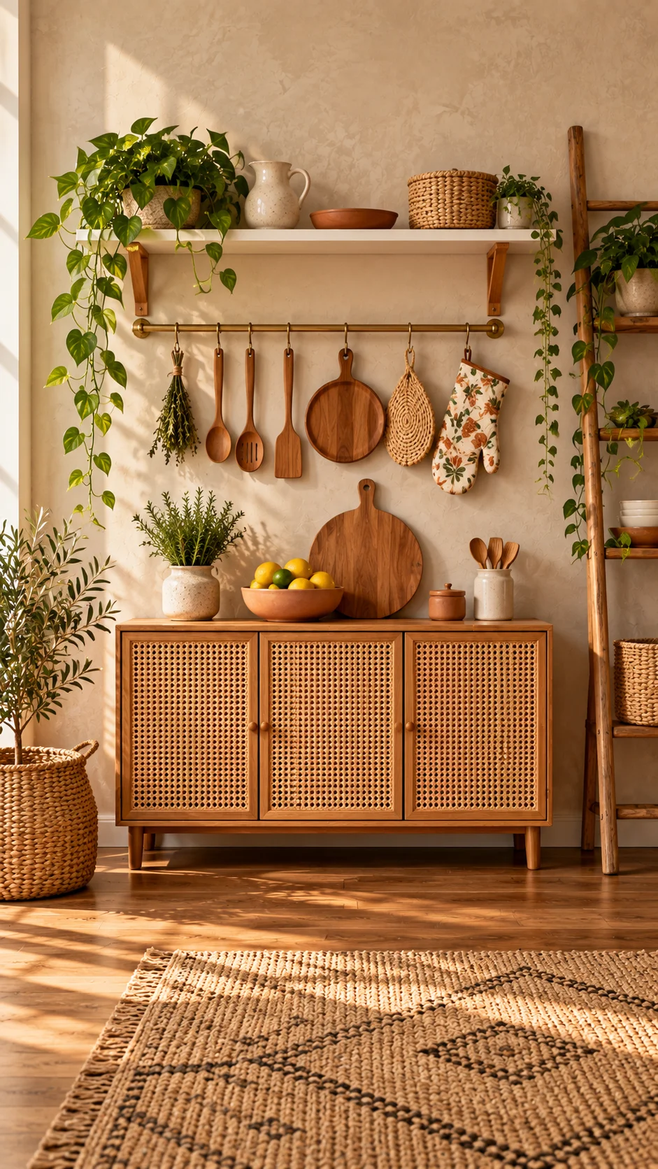 Cane-front sideboard in a kitchen with hanging wooden utensils on brass rail