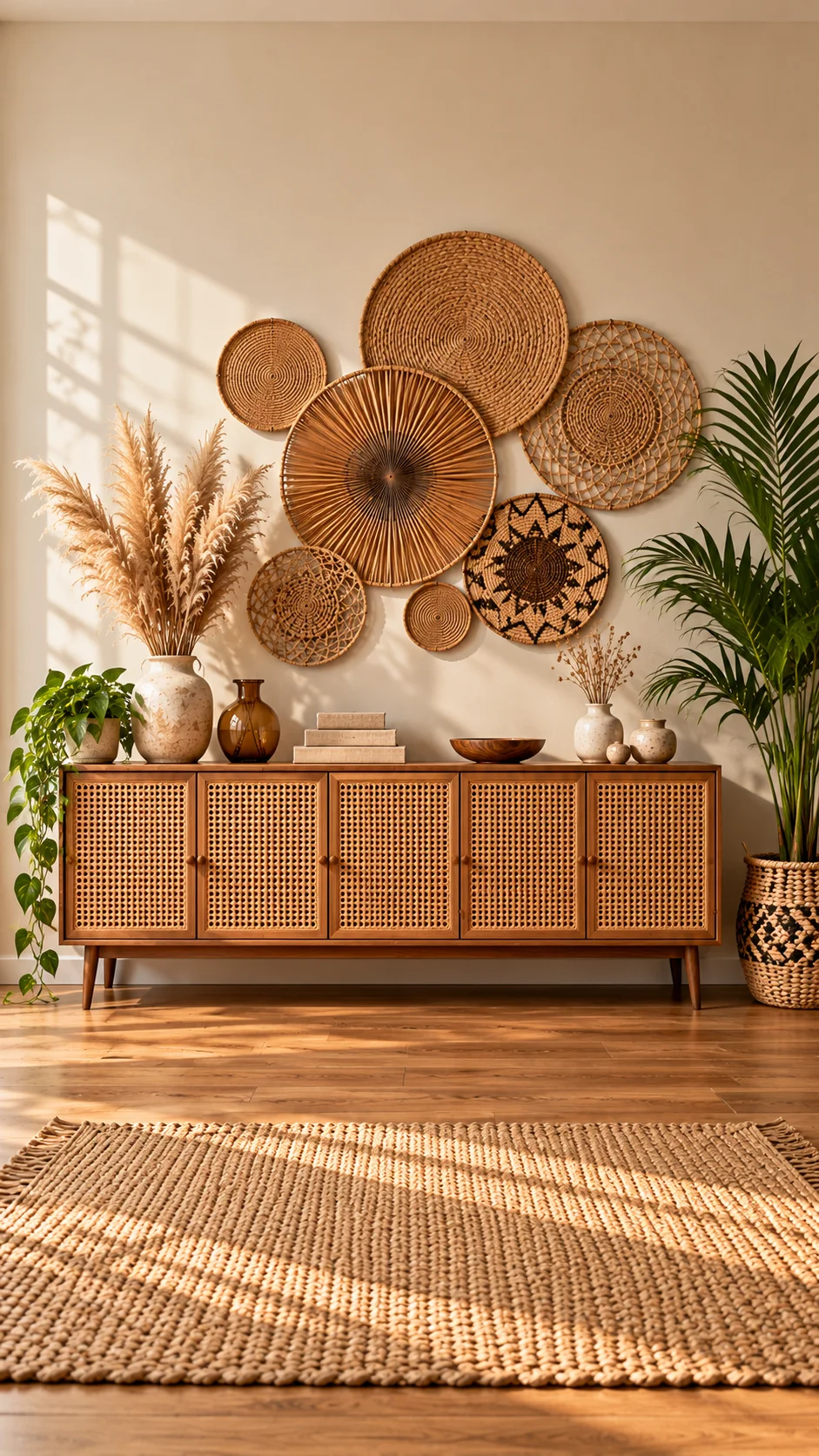 Five-door cane sideboard with a cluster of woven wall baskets above