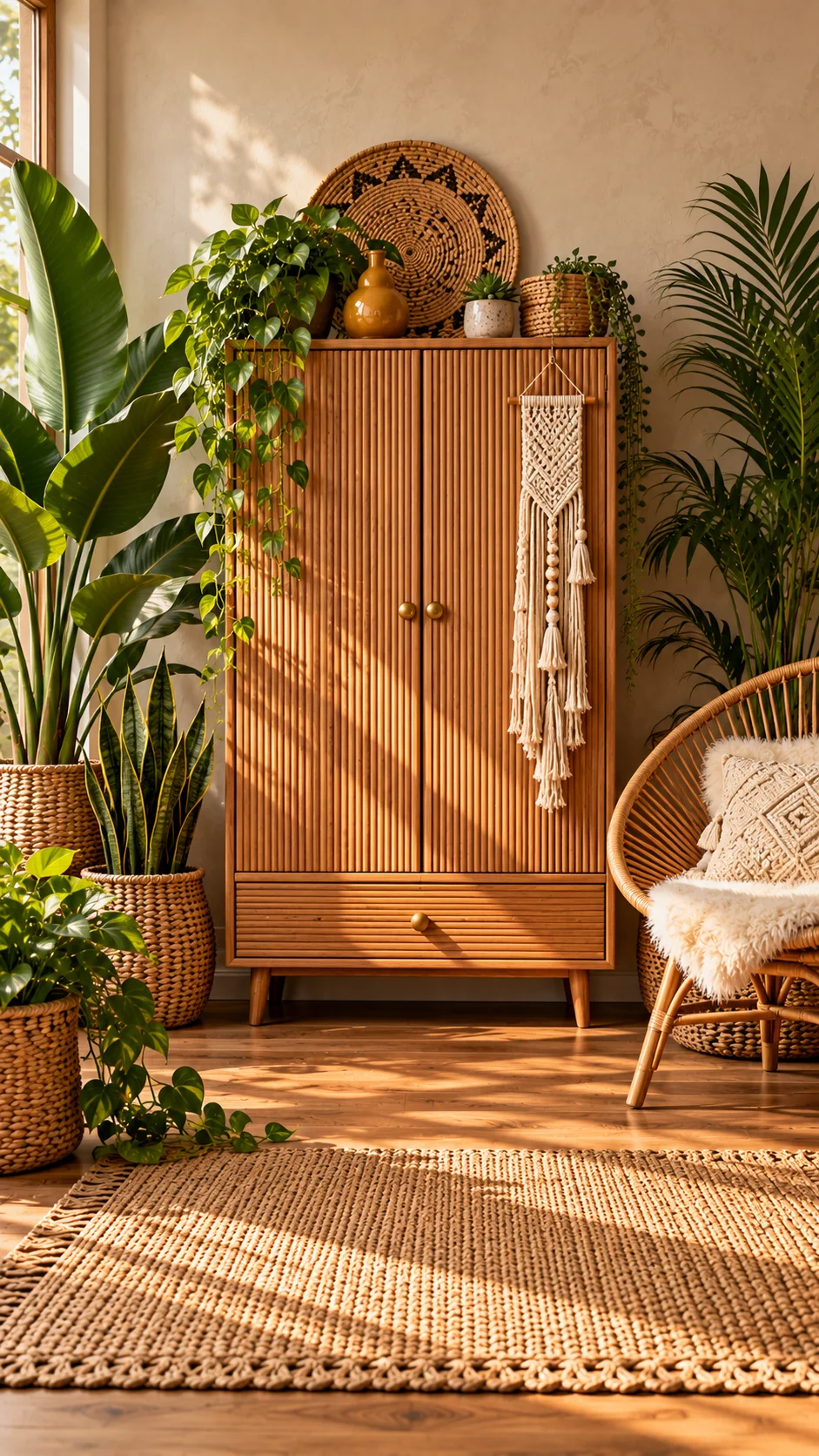 Tall fluted wood wardrobe surrounded by leafy plants and a rattan chair