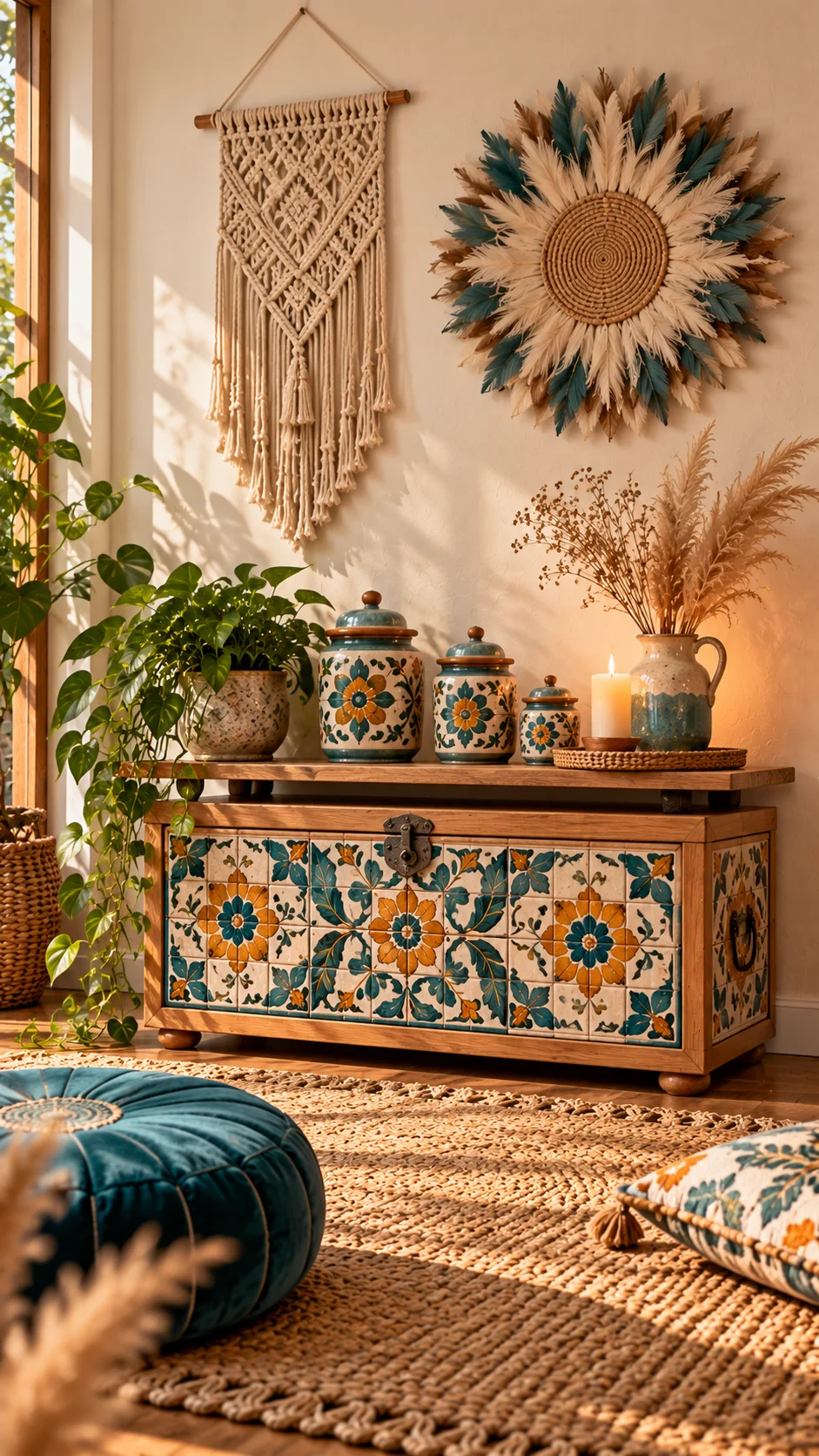 Wooden chest covered in teal and mustard floral tiles with matching canisters