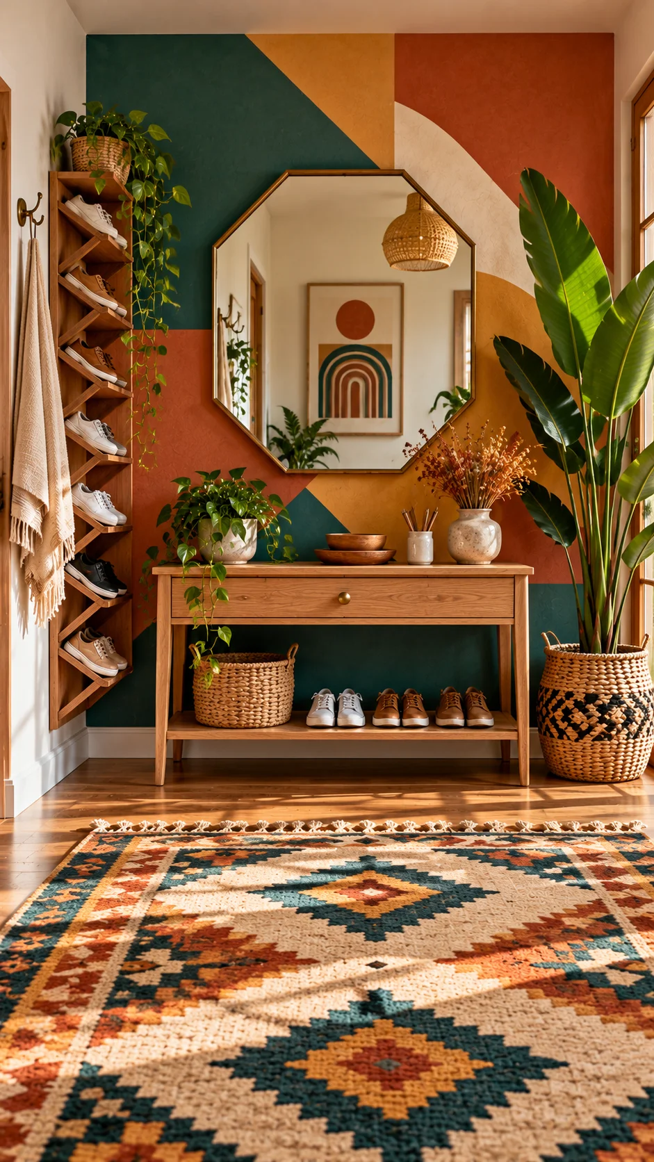 Entryway with color-block wall, octagonal mirror, console, and angled wooden shoe rack