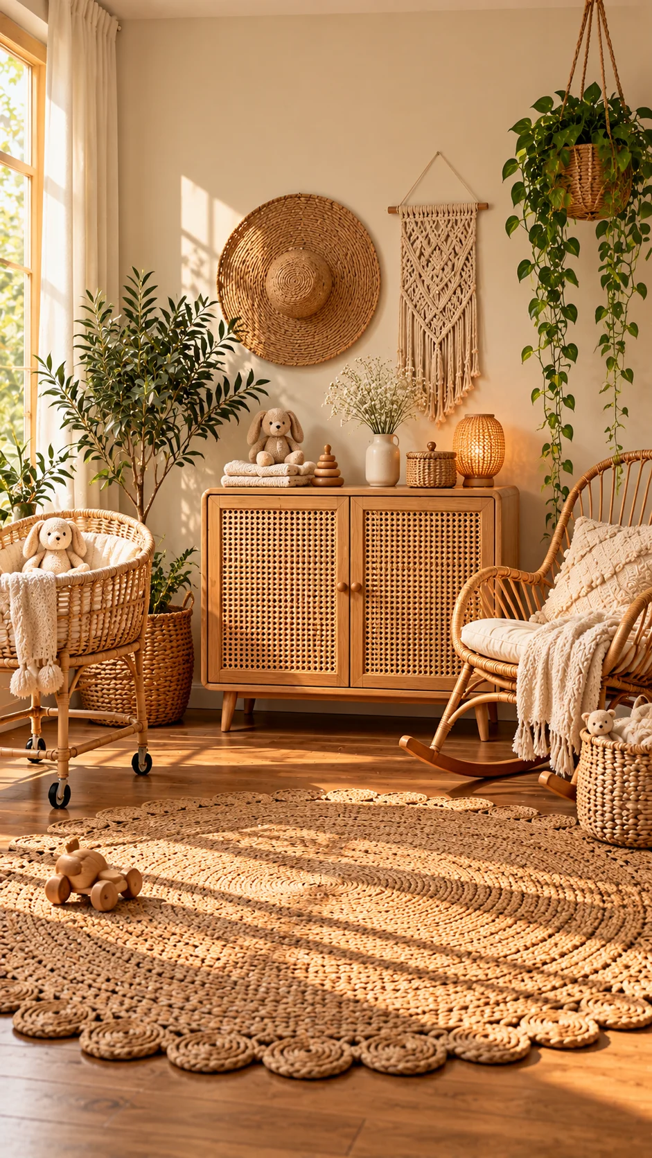 Sunlit nursery with a cane cabinet, rattan bassinet, rocking chair, and round jute rug