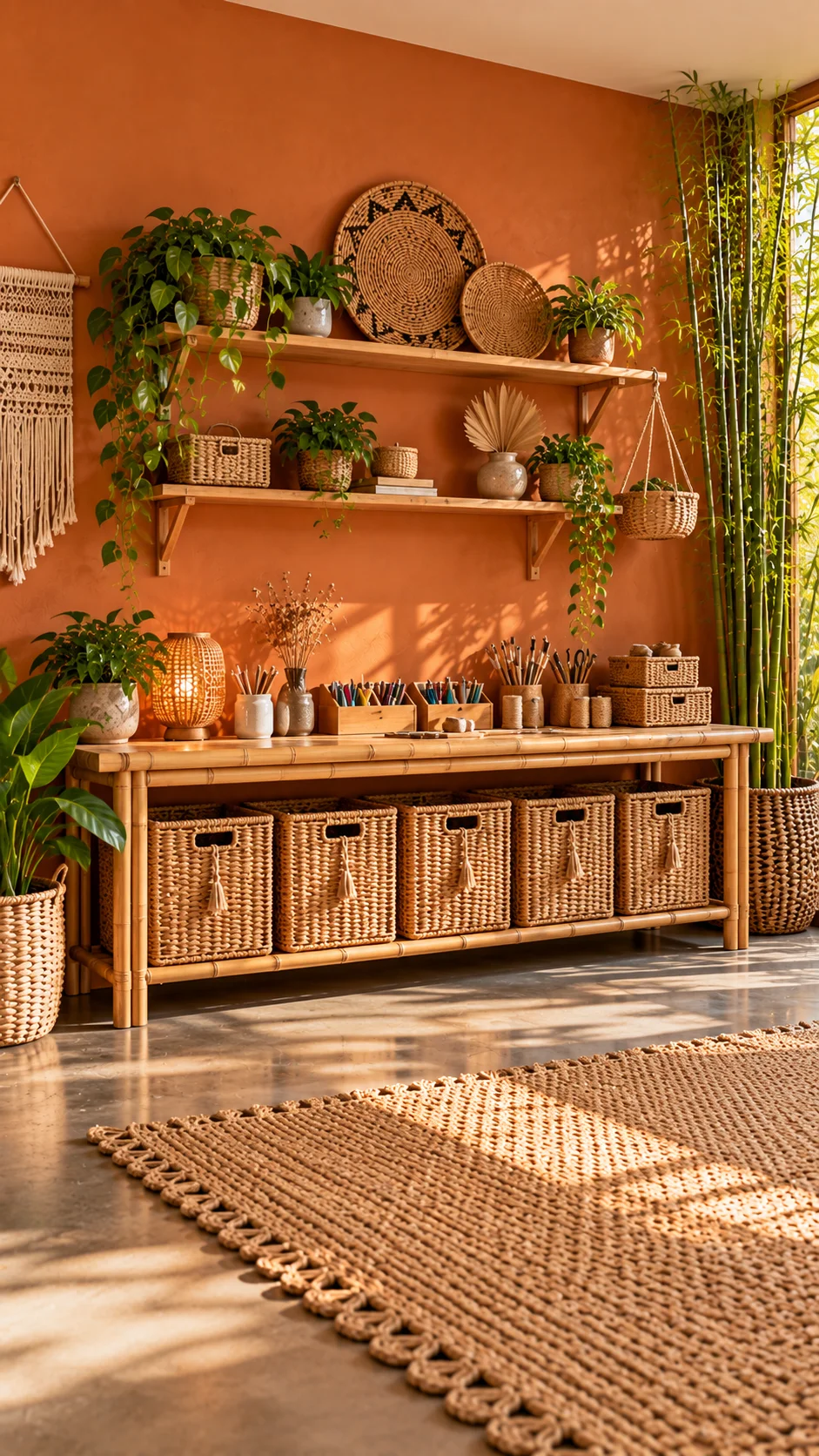 Bamboo console with woven storage baskets against a terracotta craft room wall