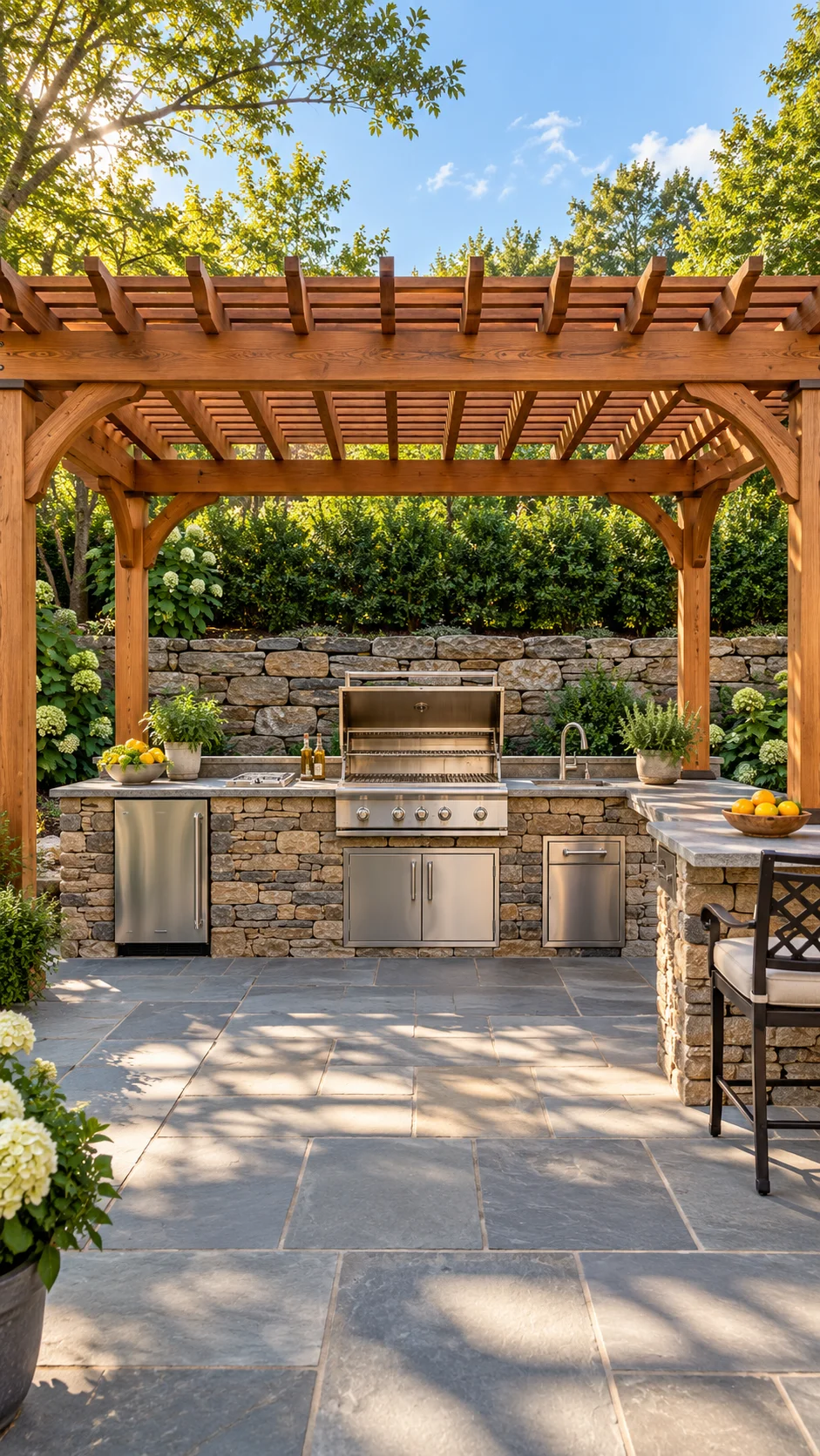 Stone veneer BBQ island with stainless grill beneath a cedar pergola on a slate patio