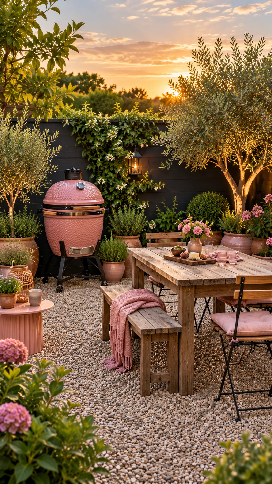 Pink ceramic kamado grill beside a rustic wooden table on a gravel patio at sunset
