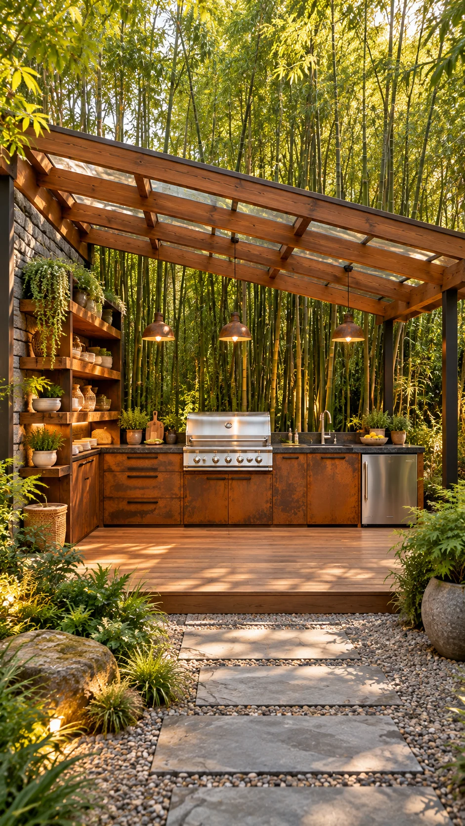 Rust-toned cabinet BBQ island under a clear-roofed pergola in a bamboo grove