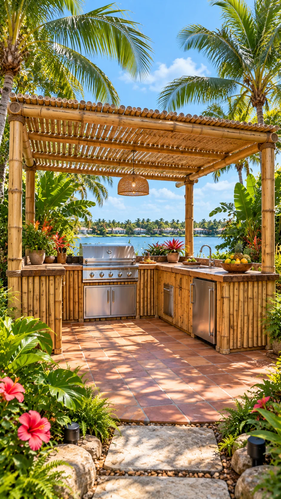 Bamboo-clad outdoor kitchen with stainless grill and terracotta tile overlooking a tropical lake