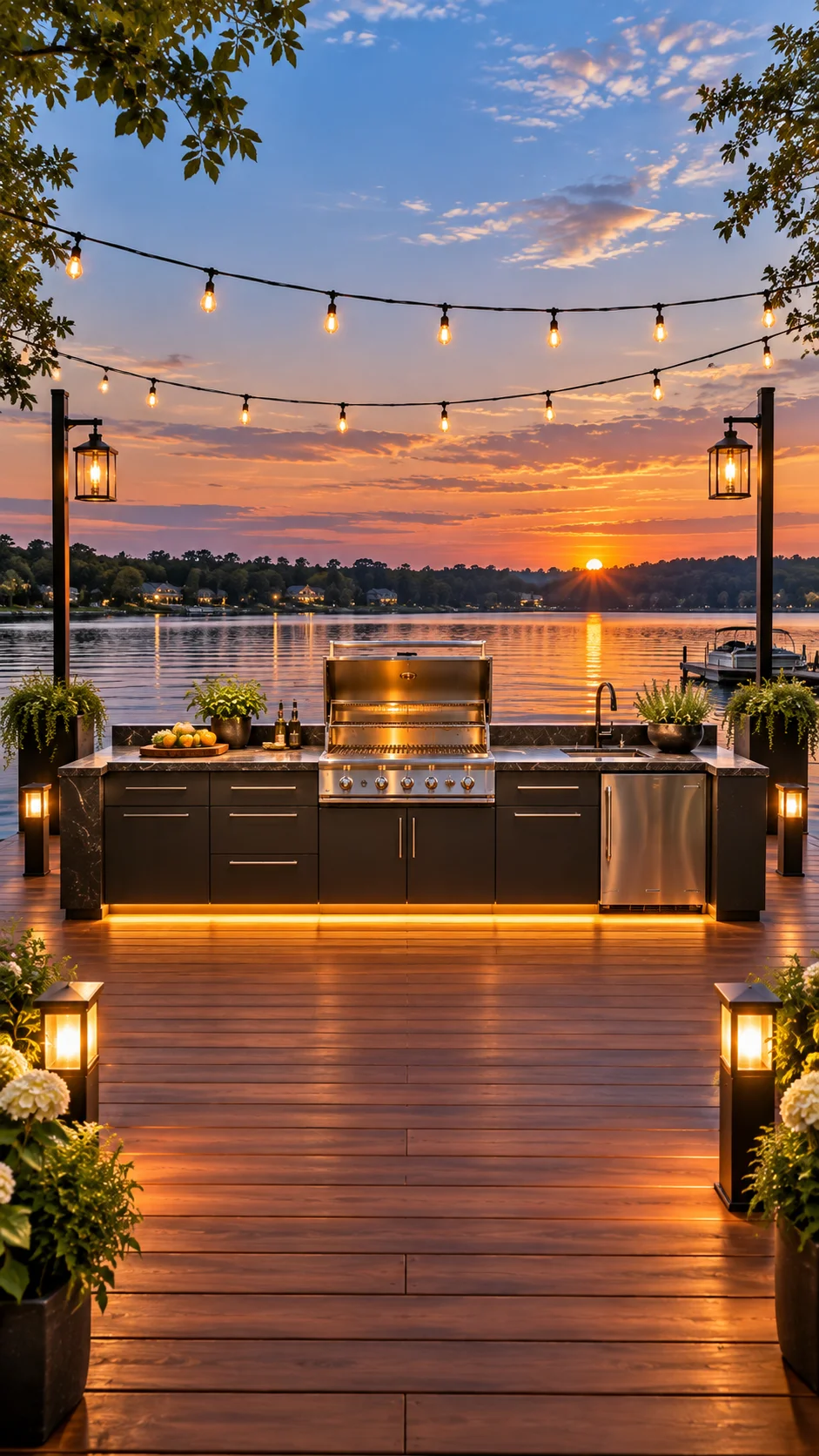 Dark modular BBQ island on a lakeside deck with string lights and lanterns at sunset