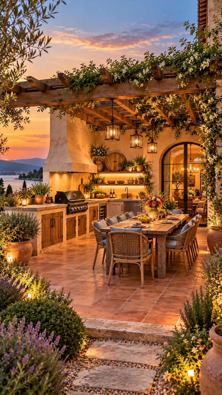 Mediterranean patio kitchen with wood cabinets, grill and a long dining table at dusk