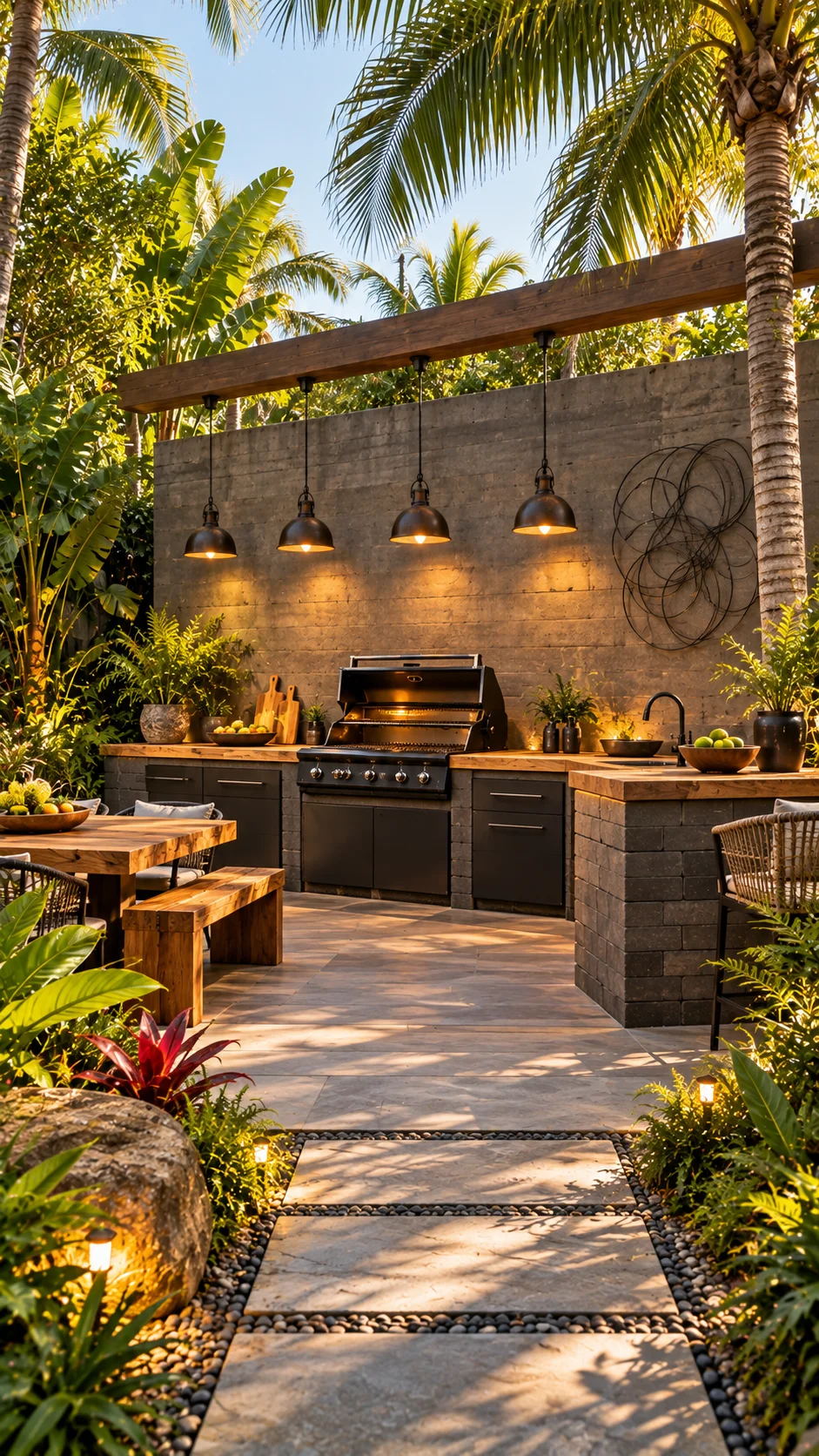 Dark brick-style BBQ island with wood countertops and pendant lights against a concrete wall