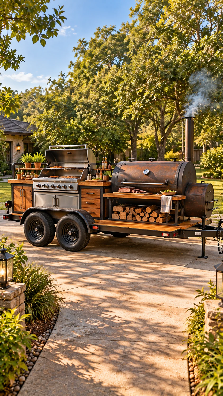 Trailer-mounted BBQ island with gas grill and offset smoker with firewood storage