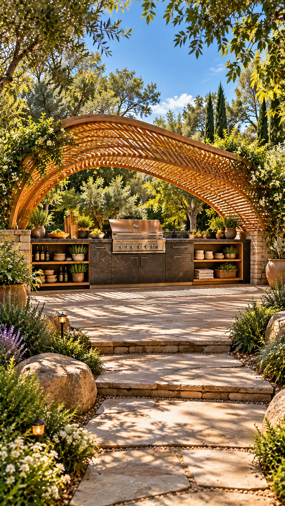Curved wooden lattice arch over a dark stone BBQ island with open shelving