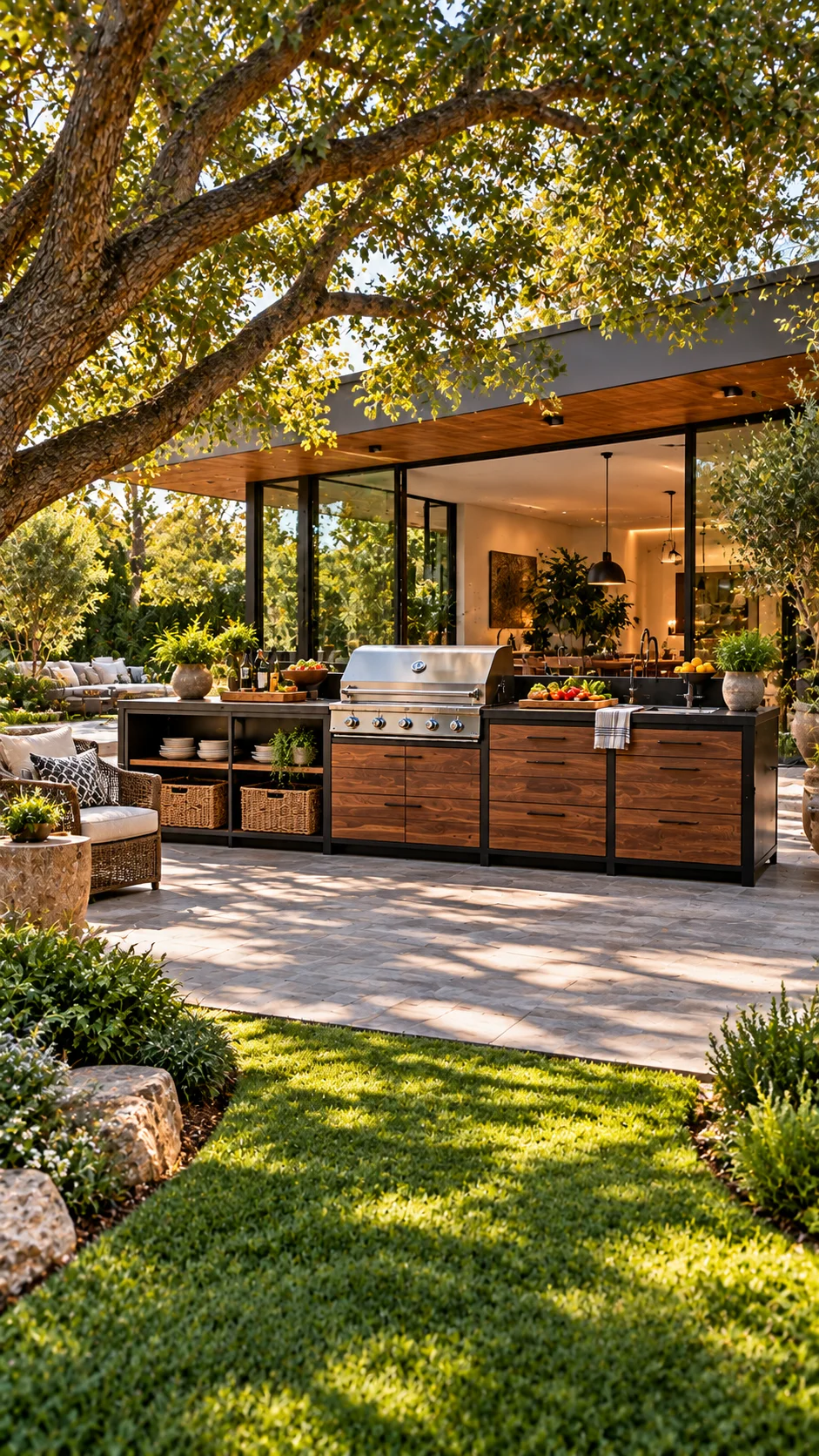 Wood-front BBQ island with black steel frame in front of a modern glass-walled house