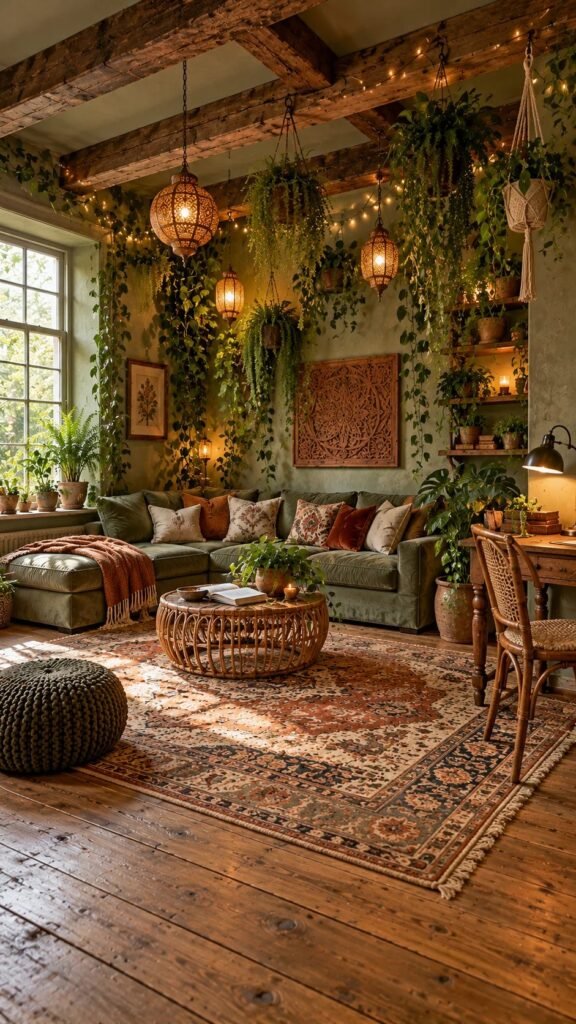 Boho living room with hanging plants, green velvet sofa, and Moroccan lanterns