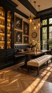 Black dining room with lit display cabinet, banquette, and wood table