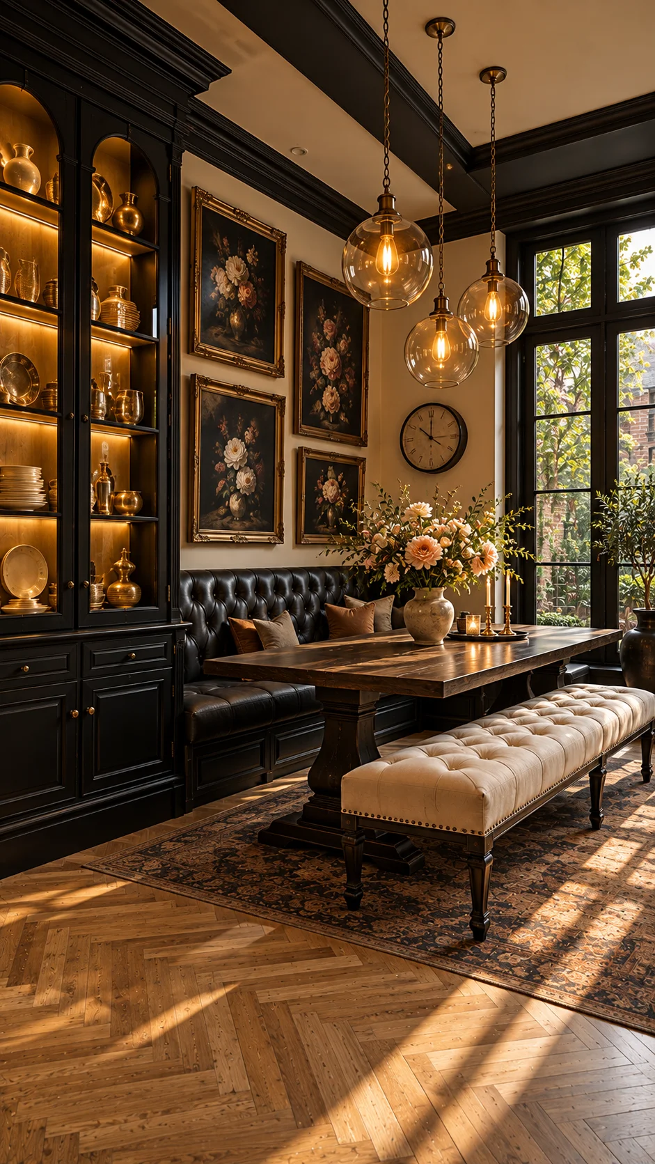 Black dining room with lit display cabinet, banquette, and wood table