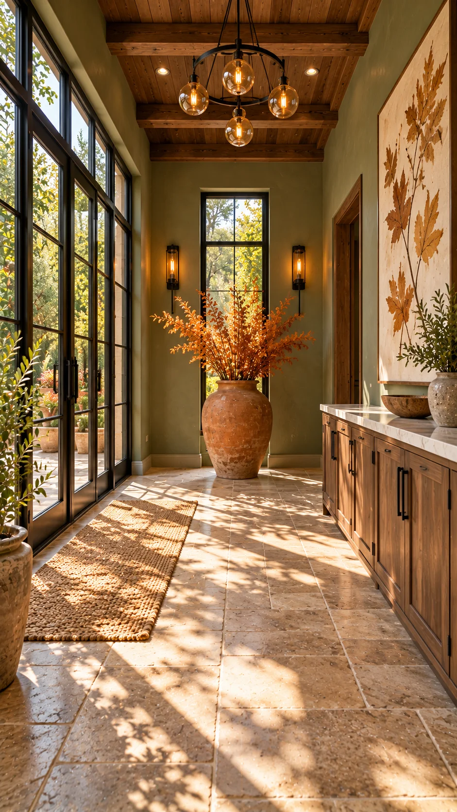 Sage entryway with glass doors, terracotta urn, and wood sideboard