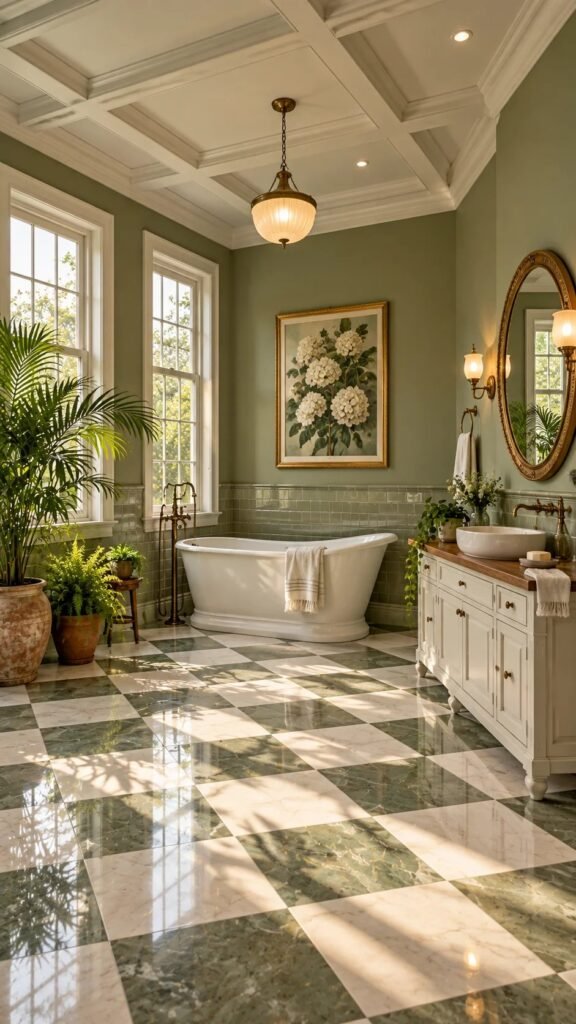 Classic sage bathroom with clawfoot tub, checkerboard marble floor, and brass sconces