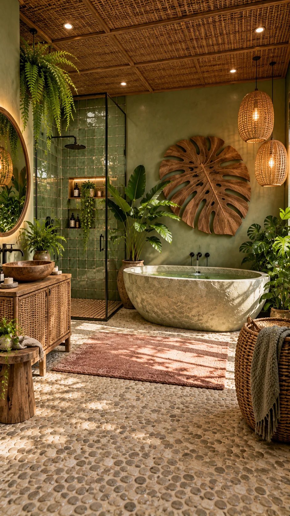 Tropical spa bathroom with stone tub, rattan ceiling, and monstera wall sculpture