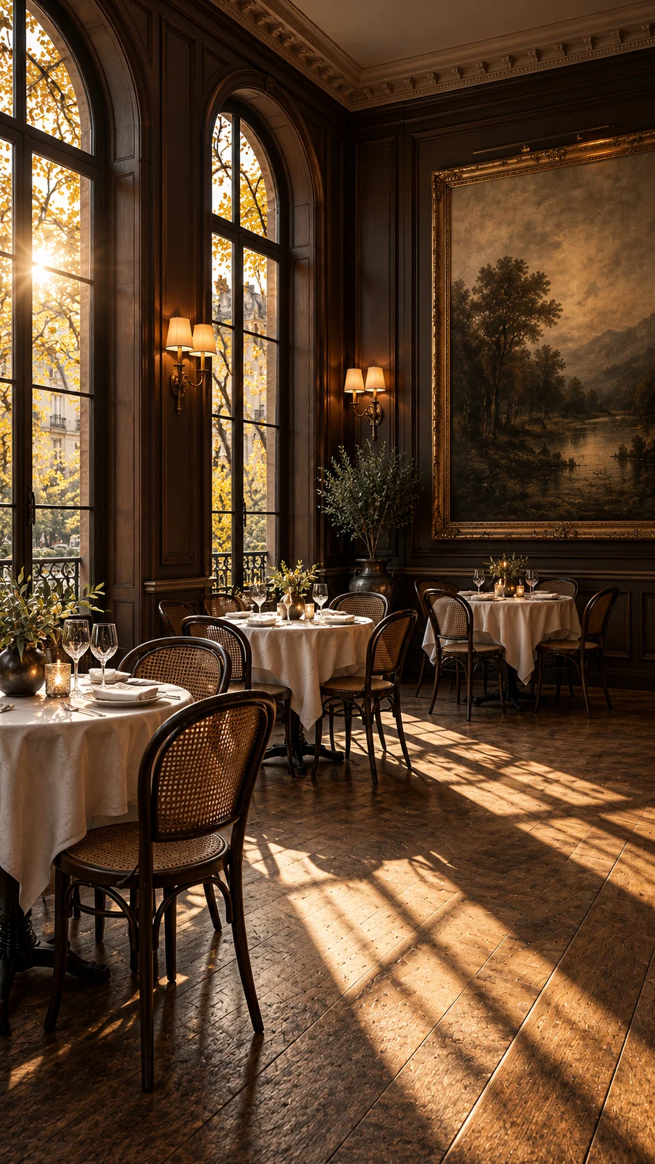 Dining room with arched windows, round tables, and large countryside painting