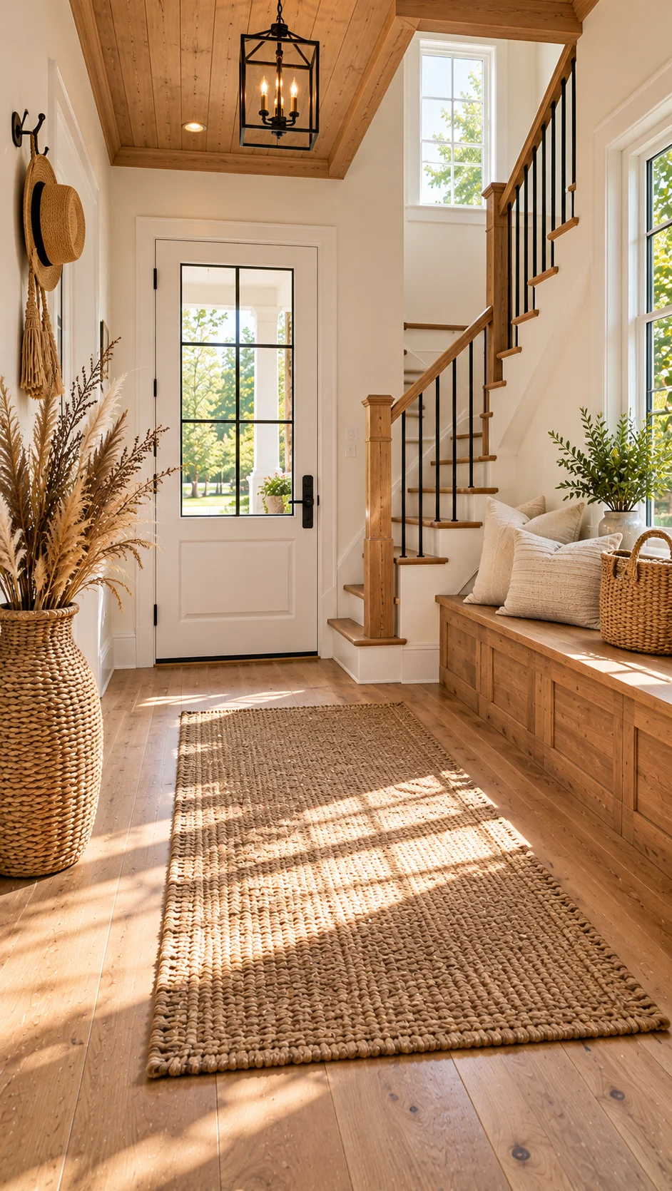 White farmhouse entry with wood bench, stairs, and jute rug