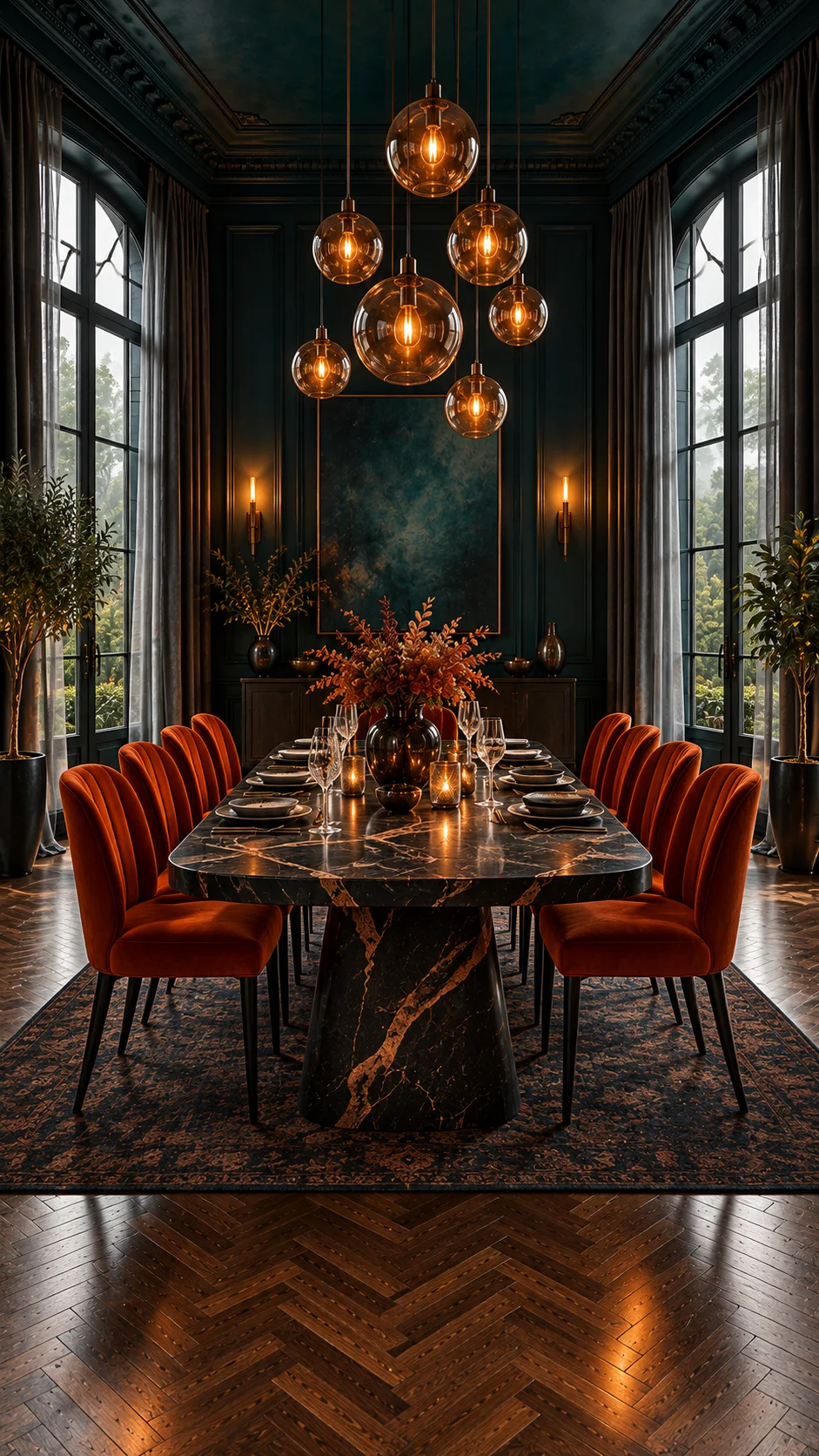 Teal dining room with marble table, orange velvet chairs, and globe pendants