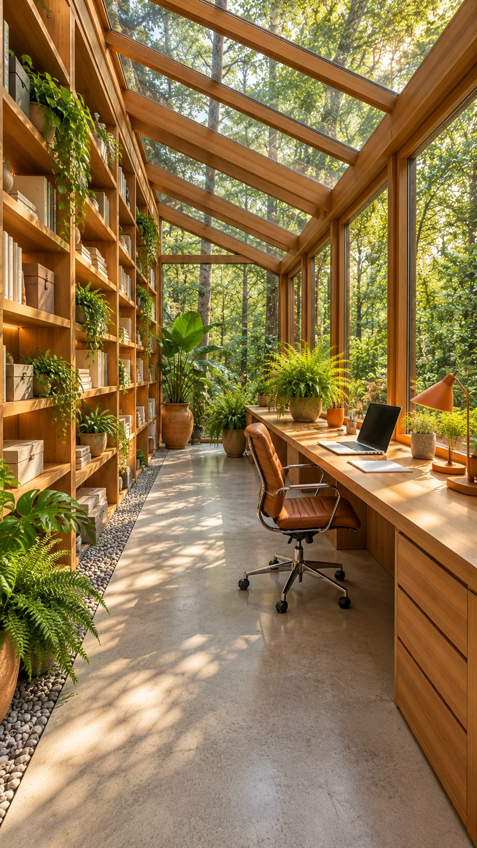 Glass-roof sunroom office with bookshelf wall, long desk, and plants