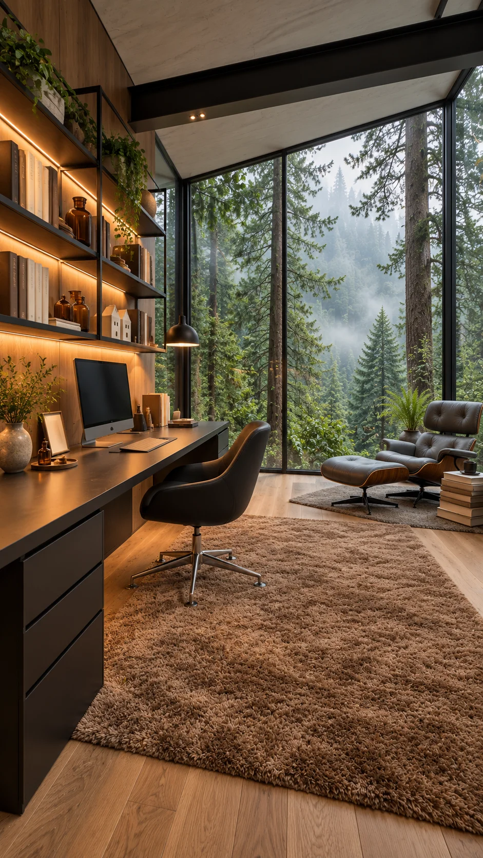 Dark-framed glass office corner with forest view, black desk, and lounge chair