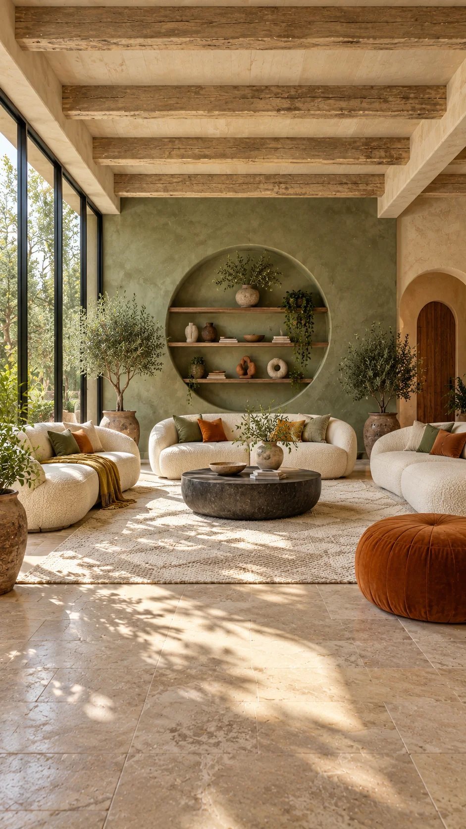 Curved boucle sofas facing a round sage wall niche with styled shelves