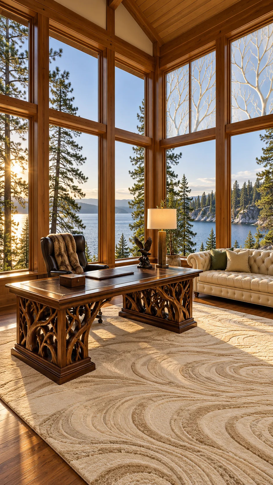 Wood-framed lake-view office with carved desk and cream tufted sofa