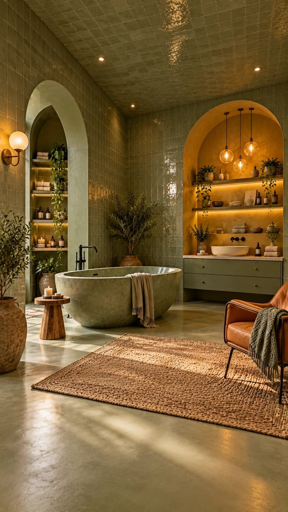 Sage bathroom with arched niches, round stone tub, and glowing shelves