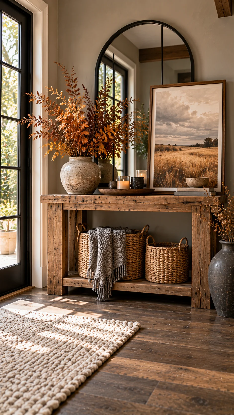 Rustic console table with arched mirror, painting, and baskets