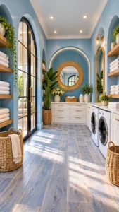 Blue laundry room with sunburst mirror, open shelves, and machines