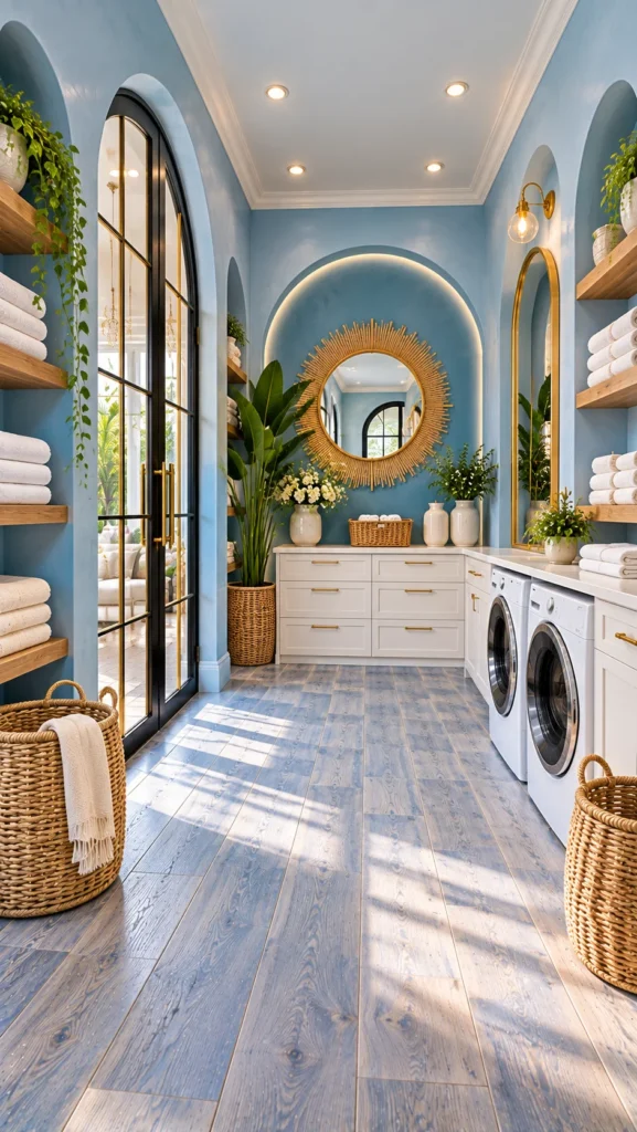 Blue laundry room with sunburst mirror, open shelves, and machines