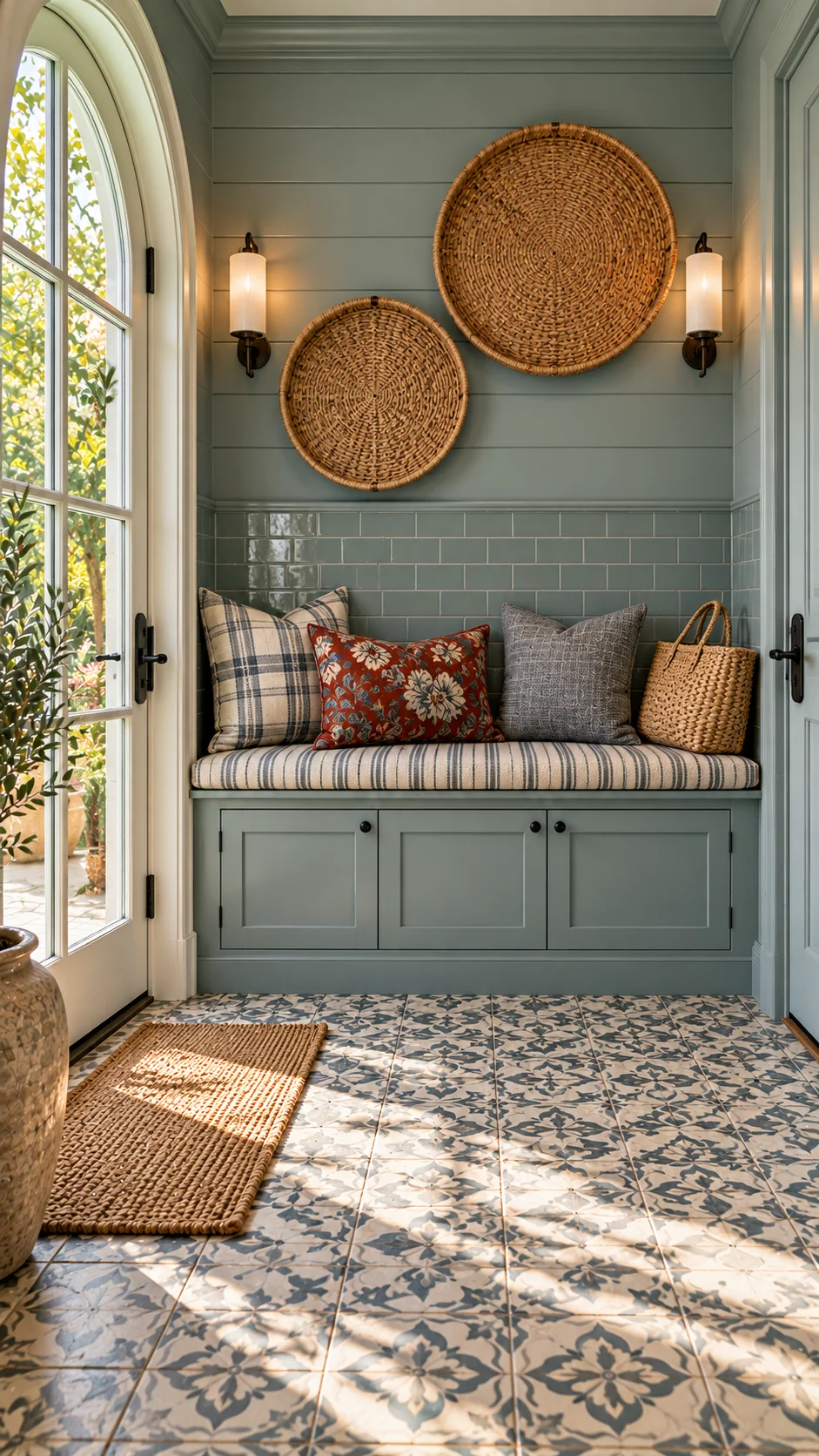 Blue entry nook with built-in bench, woven wall baskets, and tile