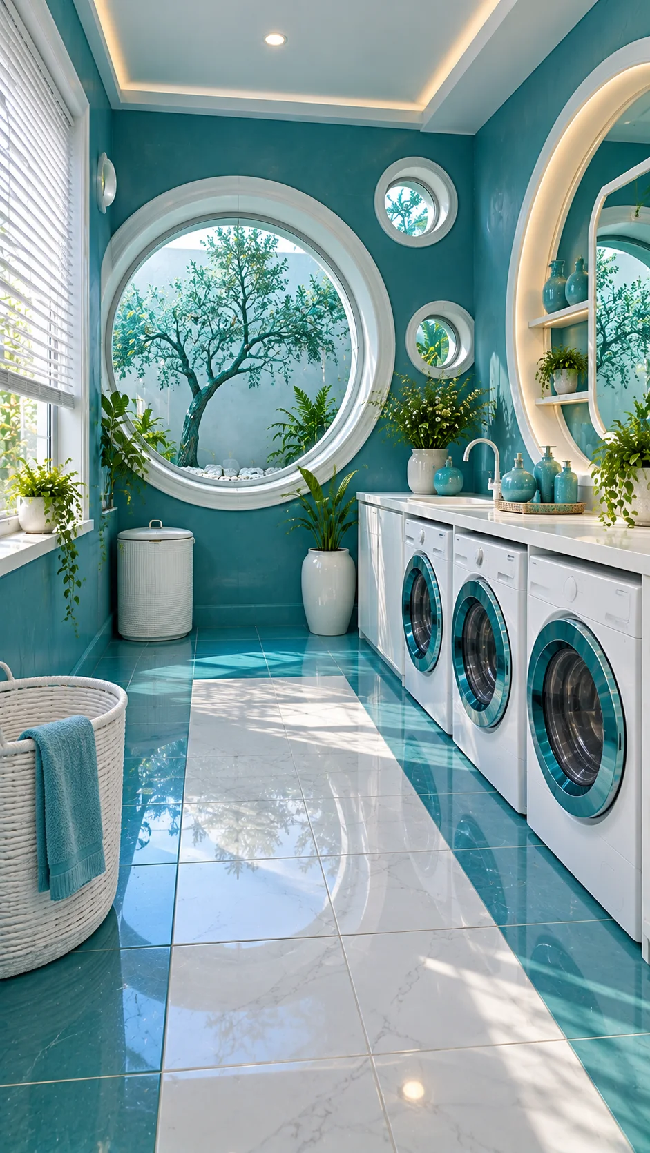 Teal laundry room with round window, three machines, and plants