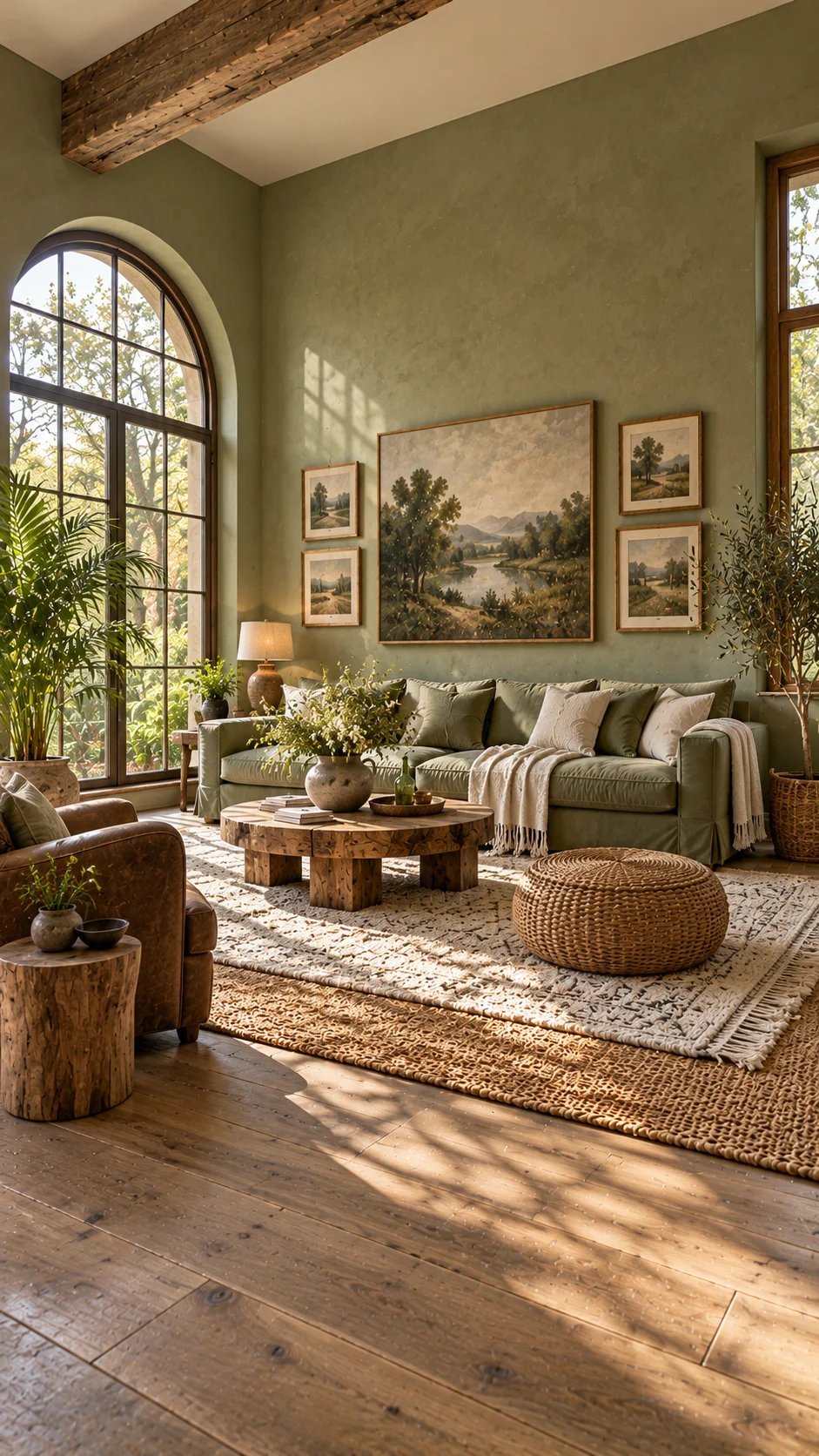 Sage living room with landscape art gallery wall and live-edge coffee table
