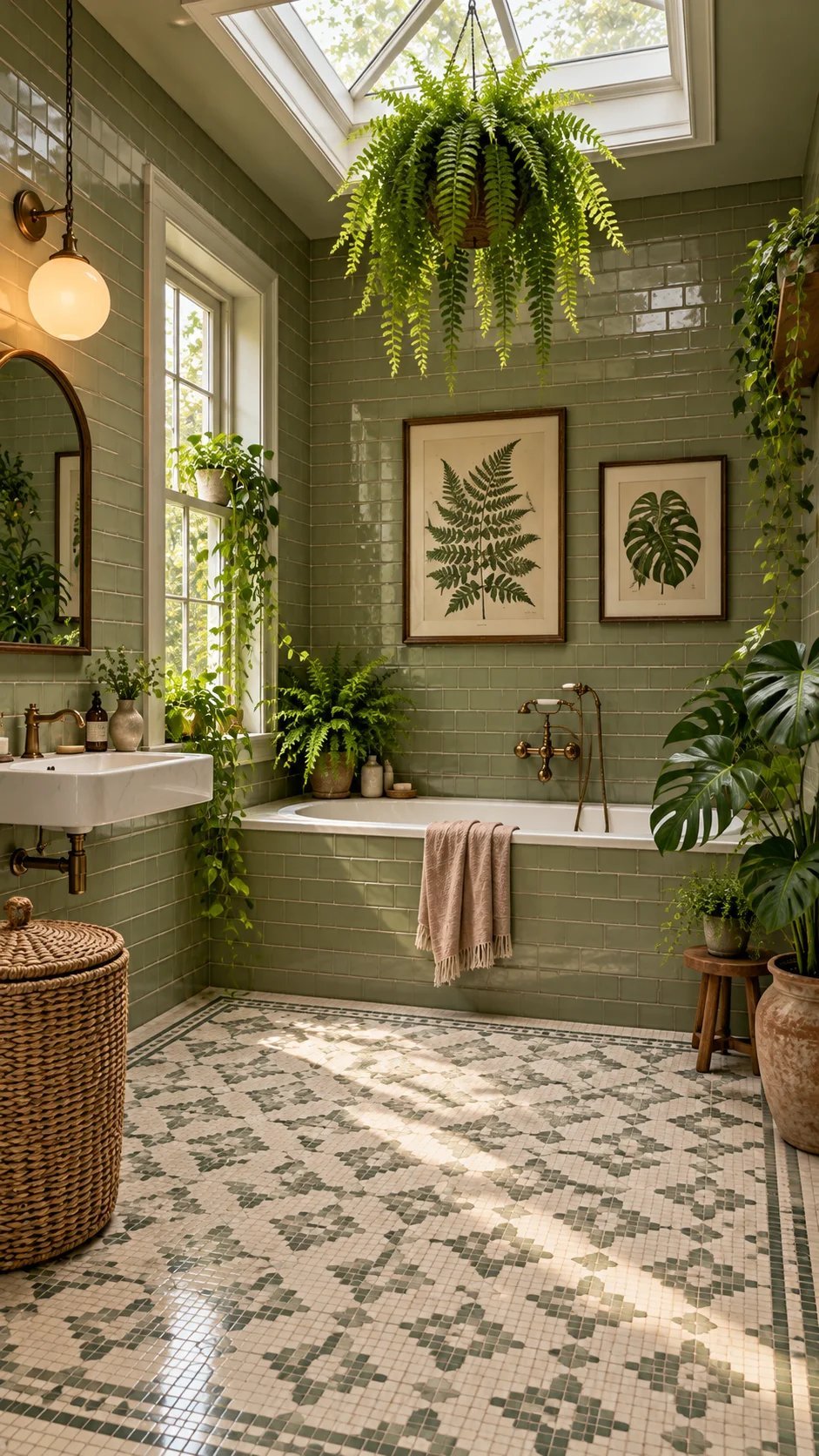 Fern-filled bathroom with skylight, green subway tile, and built-in tub