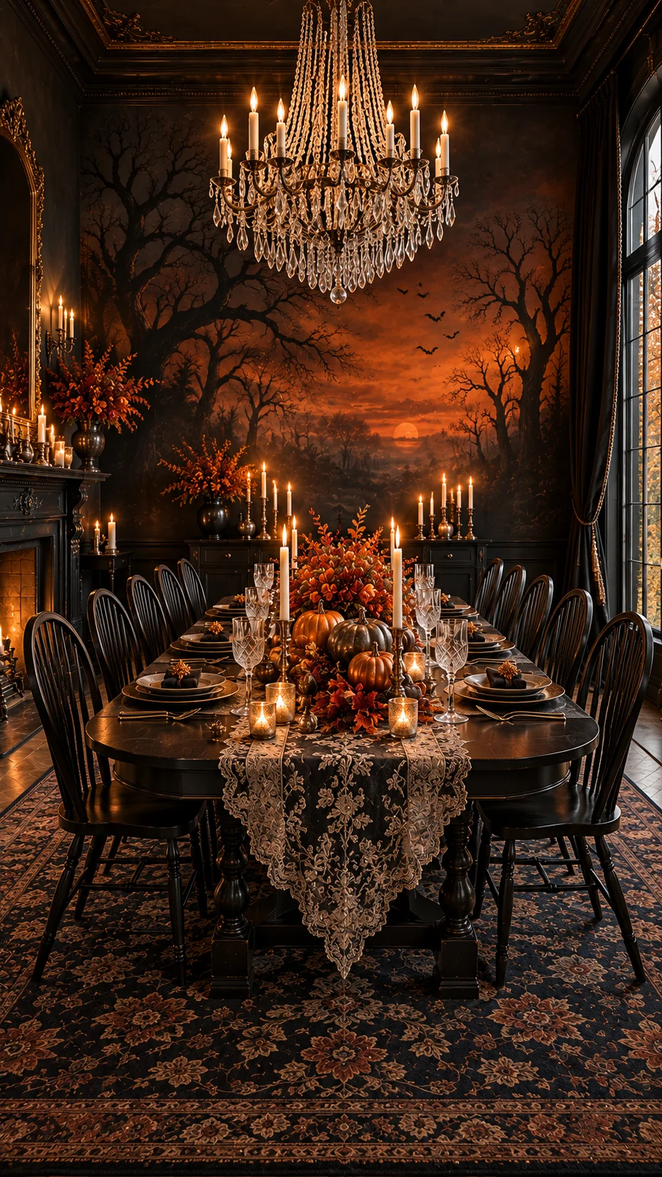 Moody dining room with sunset mural, chandelier, pumpkins, and fireplace