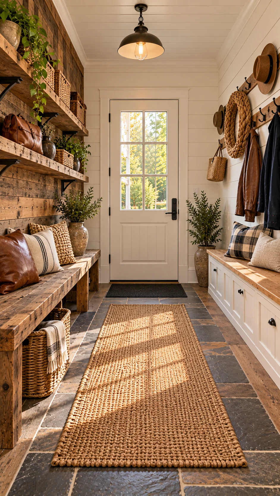 Farmhouse mudroom with hooks, shelves, benches, and jute runner