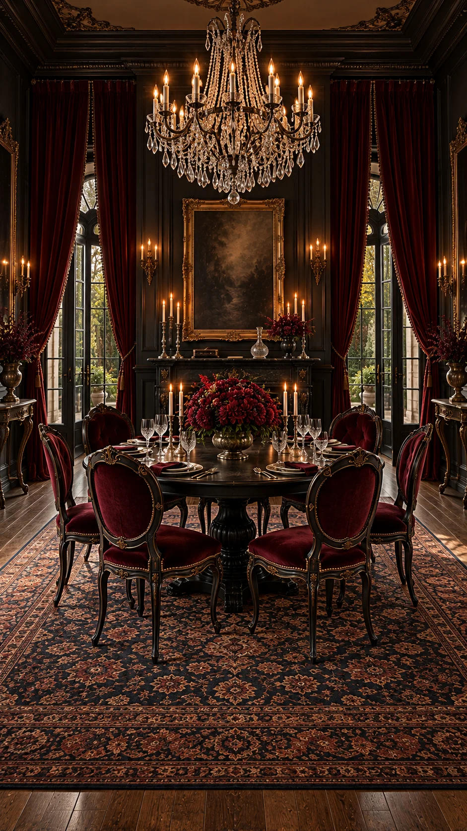 Dark dining room with round table, burgundy velvet chairs, and chandelier