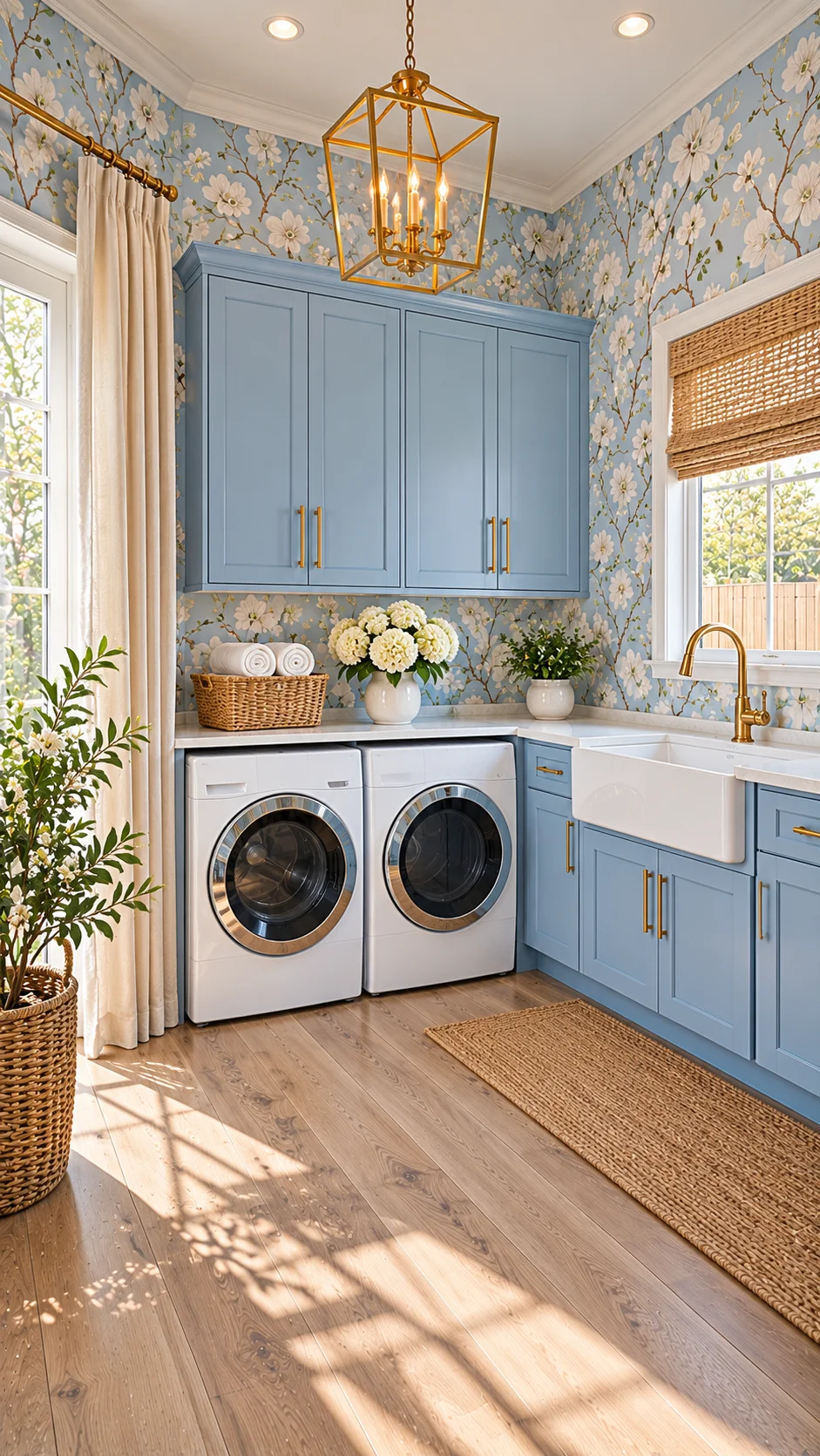 Blue laundry room with floral wallpaper, cabinets, and gold lantern